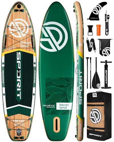 SPORIT Superbreites, aufblasbares Stand-Up-Paddle-Board, ultrastabiles SUP-Board für Erwachsene, 204 kg Kapazität mit Schultergurt, 100 l Rucksack, abnehmbare US-Flosse, schwimmendes Paddel,