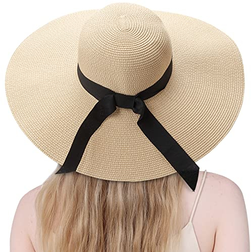 DRESHOW Chapeau de Paille Pliable pour Femme Chapeau de Soleil UPF 50+, Taille unique, Wide brim sun hat: beige