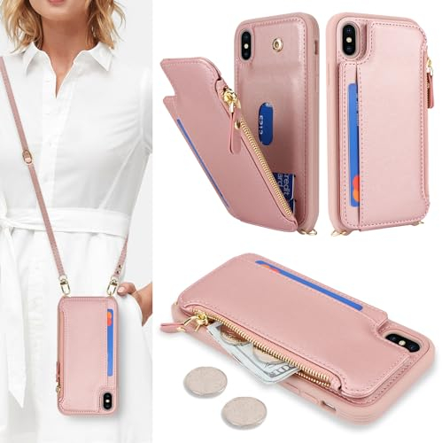 SailorTech Custodia per iPhone X in Pelle Portafoglio con porta carte di credito, Cover per iPhone XS Cellulare Regolabile Collana con slot per carte di credito - Oro Rosa