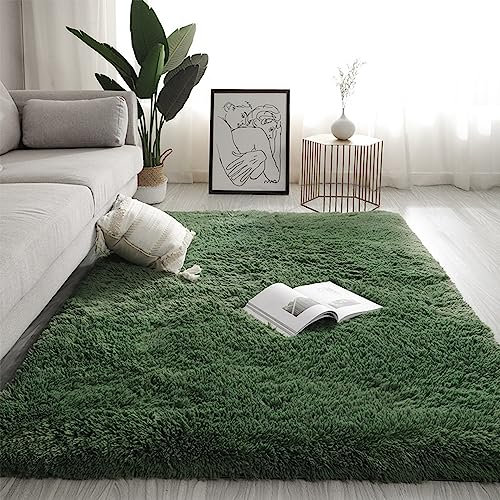 Swsen Teppich Wohnzimmer Super Weich - Shaggy Teppiche Flauschig Anti-Rutsch Unterseite - Moderner Carpet Waschbar Langflor Hochflor Teppiche 200x200cm, Dunkelgrün