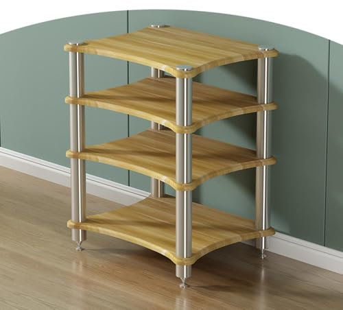 HAEKEBC Medienständer 2 3 4 Stufiger HiFi-Audioschrank Multimedia Eckständer, HiFi Rack Aus Holz Plattenspieler Regal, Robuster Medien-Aufbewahrungs Schrank(4Tier)