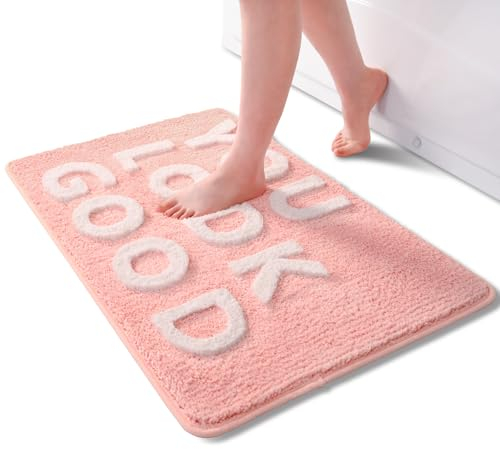 QJHOMO Rosa und Weiss Badezimmerteppich Klein Badematte rutschfest Waschbar Badteppich niedlich Badezimmer Deko Flauschig Badvorleger Weiche Mikrofaser Absorbierende Bad Teppich 40 x 60 cm