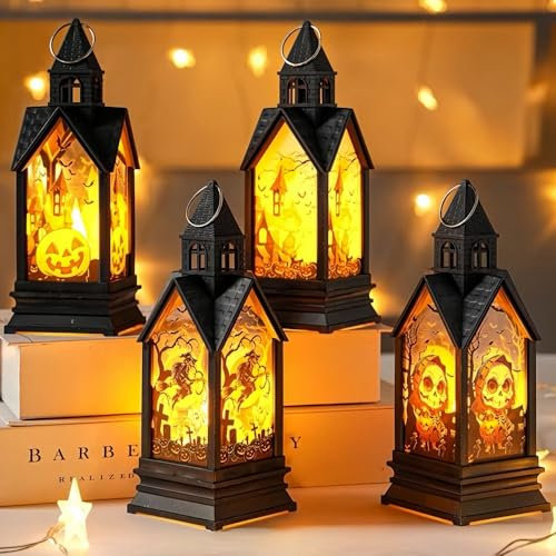 4 Pcs Halloween Candle Lantern LED Lantern Lights Outdoor Night Light Witch Pumpkin Decorative Candle Lanterns Hanging Lamp Lantern Battery Operated for Garden Party Landscape Bar Decorations
