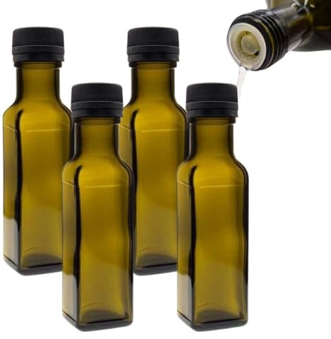 mikken 4x Ölflasche 100ml mit Ausgiesser grün/braune Glasflaschen Ölspender inkl. Etiketten