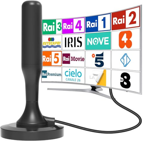 Antenna TV da interno, ricezione a lunga distanza, antenna TV portatile con potente base magnetica. Supporta 4K 1080p DVB-T/DVB-T2