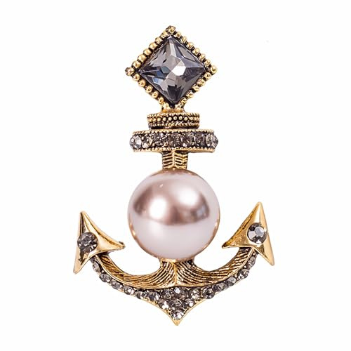 Kristall Anker Brosche Vintage Strass Perle Revers Anstecknadel Kunstperle Schiffsanker Mantel Corsage Anzug Rock Nieten Abzeichen Accessoires für Damen Frauen Männer (Grau)