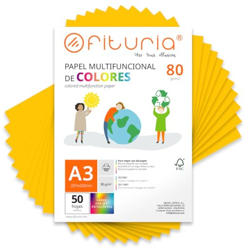 OFITURIA Buntes Papier, 50 Blatt A3 80g – Farbiges Papier für Basteln, Drucker, Scrapbooking – Farbbögen (Gold, 50 Blatt)