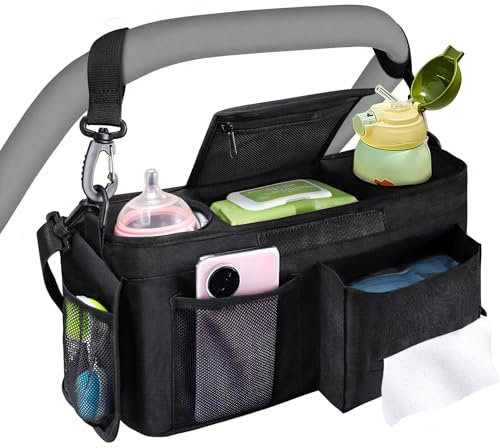 Universal Kinderwagen Organizer mit isolierten Getränkehalter/Becherhalter, Verstellbare Baby Buggy Kinderwagentasche für Windeln & Handys, Baby Kinderwagen Schultergurt & Zubehör (Schwarz)