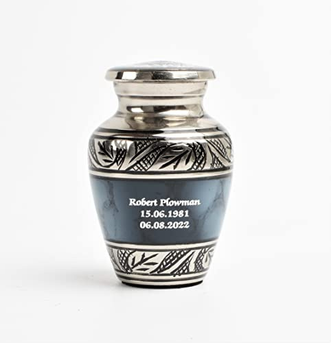 Small Keepsake Urn for Human & Pet Ashes – 3 Memorial Container With Velvet Presentation Gift Box - Capacity 7 Teaspoons - Handcrafted in Metal Aluminium Brass (Blue Cloud- Text Engraved)