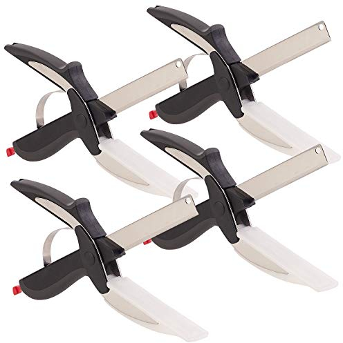 Rosenstein & Söhne Messerschere: 4er-Set 2in1-Küchenschneider-Scheren mit Messer und Schneidebrett (Küchen-Messer mit Schneidebrett, Obst- und Gemüseschneider)