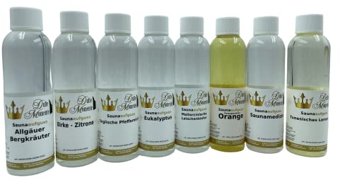 Dufte Momente | Saunaduft 8 x 250ml: Allgäuer Bergkräuter, Birke-Zitrone, Eukalyptus, Minze, Latschenkiefer, Orange, Saunamedizin (Kampfer, Zitrone), Lemongras | vegan