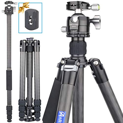 69.7 Carbon Fiber Camera Tripod with Low Profile Ball Head ARTCISE Professional Lightweight Compact Tripod with Two 1/4 inch Quick Shoe Plate for DSLR Camera,Video Camcorder, Max Load 39lbs/18kg