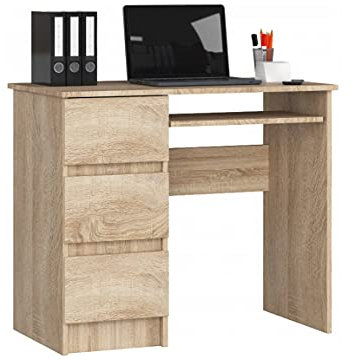 Bureau d'ordinateur Chêne Sonoma avec 3 tiroirs à Gauche et Un tiroir Coulissant pour Le Clavier.