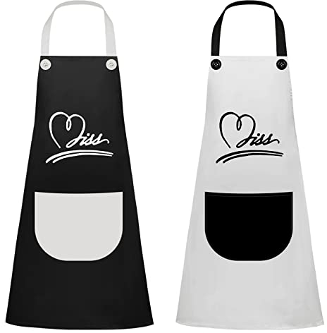 2 Stücke Kochschürze Wasserdicht Schürzen Latzschürze Damen Küchenschürze mit Groß Tasche Liebesmuster Grillschürze Backschürze Verstellbare Schürze für Kochen Küche Frauen Männer, Schwarz & Weiss
