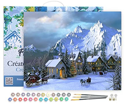 Figured'Art Peinture par Numéro Adulte avec Cadre Noël dans Les Alpes - Activité Manuelle Kit de Loisir Créatif DIY Numéro d'art Complet - 40x50cm Toile tendue sur châssis