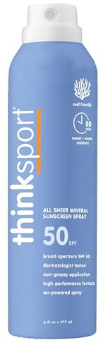 Thinksport Mineral Sunscreen Spray SPF 50+, 6 Fl Oz, Water Resistant