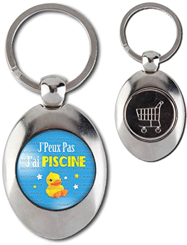 Badgmania Porte Clés Métal Ovale Jeton de Caddie J'Peux Pas J'ai Piscine - Canard jaune Fond bleu
