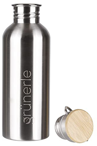 GRÜNERLE Milchkanne 1L Edelstahl - Reisebecher, Trinkflasche, Wasserbehälter mit Bambus