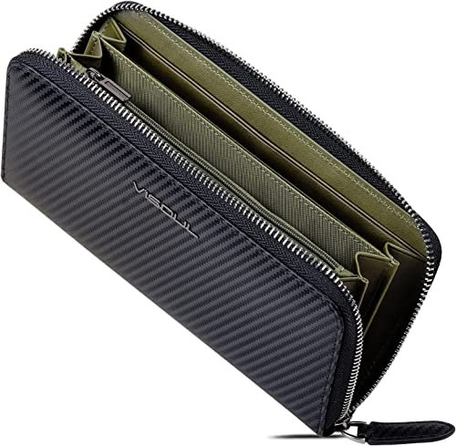 VISOUL Premium Brieftasche Echtleder Italienisches Leder mit RFID Schutz, XL Geldbörse für Herren Damen L02 Carbon Grün