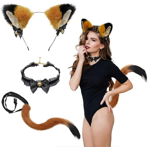 SKHAOVS 3 Stück Faschingskostüm, Fuchsohren Cosplay Set Fuchs Ohren Stirnband mit Glöckchen Halskette, Fuchs Kostüm für Anime Verkleidung Party Halloween Weihnachten Karneval Dress Up Party
