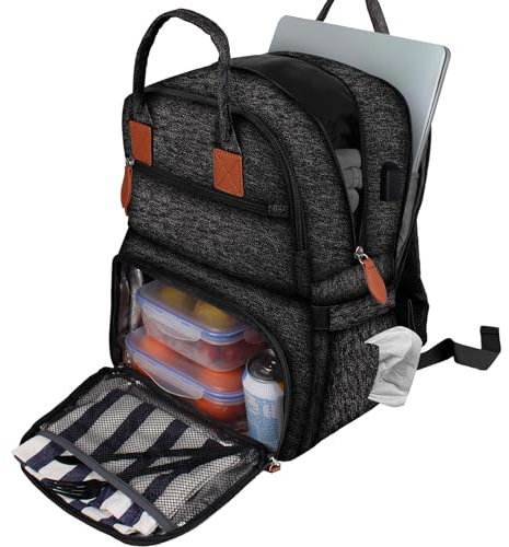 DYNASCO Sac à Dos pour Ordinateur Portable avec Sac isotherme Repas 15,6 , Grand Sac à Dos Déjeuner Large Capacité Homme, Sac à bandoulière imperméable femmes pour voyage et Travail, Noir
