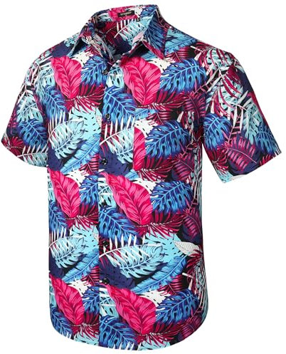 Rithern hawaiihemd Herren Funky Hawaii Hemd Blau Kurzarm Bedruckter Sommer Palmen Hemd Freizeithemden mit Fronttasche für Strand Urlaubs 2XL