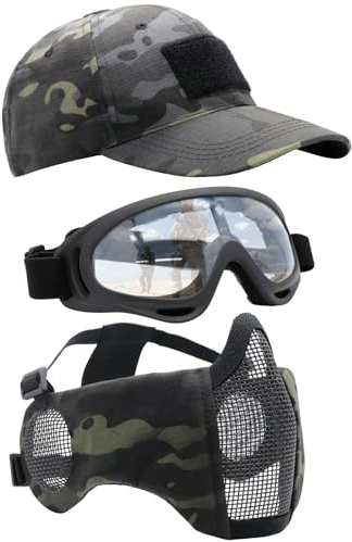 Yzpacc Airsoft Halbgesichtsmaske mit Brille Hut Set Taktische Masken Vollgesichtsmaske Paintball Maske Ohrenschutz Baseballkappe für CS Halloween und Cosplay Spiel