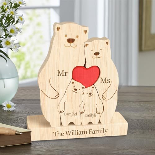 Panneau Personnalisé en Bois pour La Famille des Ours 2-6 Noms Décoration De La Famille des Ours Puzzle en Bois Cadeaux pour Maman Papa Couple Fête des Mères Fête des Pères Noël (12 x 15 cm, Style 3)