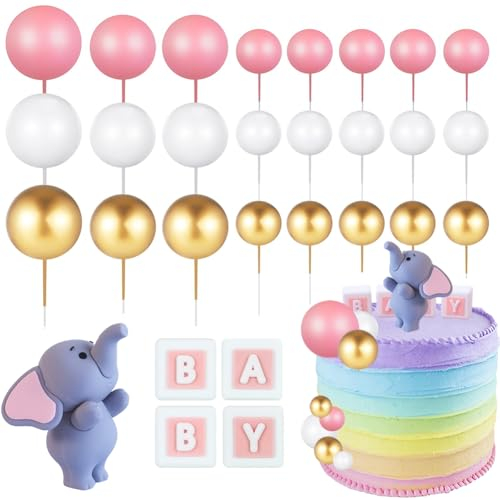35Pcs Elephant Cake Decoration, Ball Cake Topper Decorations, Elephant Pink BABY Letter Cupcake Toppers, Mini Balloon Cake Topper, Round Foaml DIY Cake Insert for Baby Shower Birthday