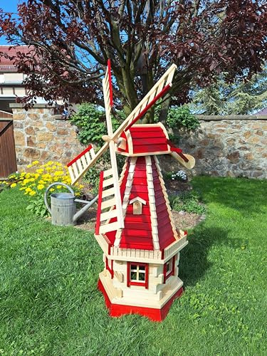 Holzdekoladen Holzwindmühle mit Solarbeleuchtung Typ 7.1 (XXL rot/Natur), WMS7.1