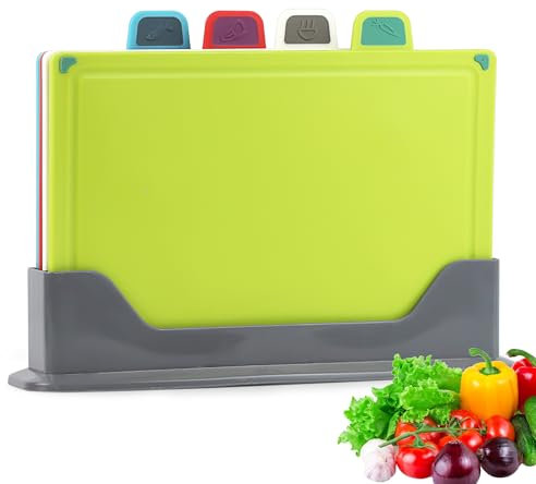WENLISELL Chopping Board Set of 4, Non Slip Plastic Chopping Board with Storage Stand, 4 Coloured Chopping Boards for Kitchen