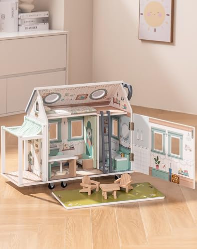 ROBUD Wohnmobile Puppenhaus Holz – Realistisches Dollhouse mit Griff und Rädern, inklusive Miniküche, Bewegliches Puppenhaus mit Möbel Zubehör, Geschenk Spielzeug für Kinder ab 3 Jahre Mädchen