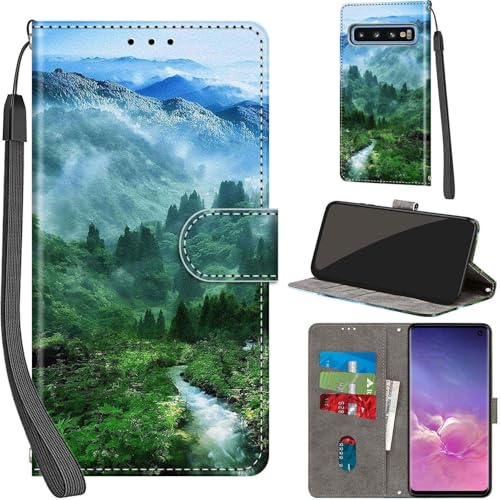 Handyhülle für Samsung Galaxy S10 Hülle Wald | 3 Kartenfächer & 1 Geldfach, Magnetverschluss, Ständerfunktion, robuste premium PU leder klapphülle für Samsung S10
