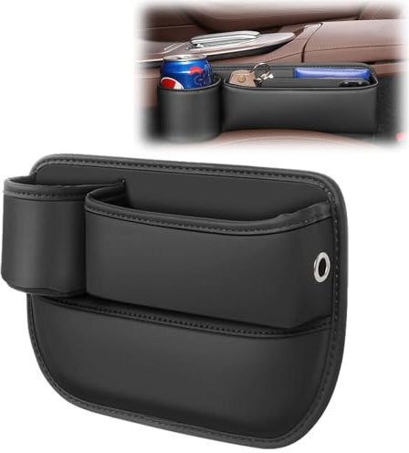 Naneug Car Leather Cup Holder Gap Bag,Multifunctional Car Seat Gaps Filler,Car Console Side Pocket With Cup Holder,Leather Car Seat Storage Box (Black, Driver seat)