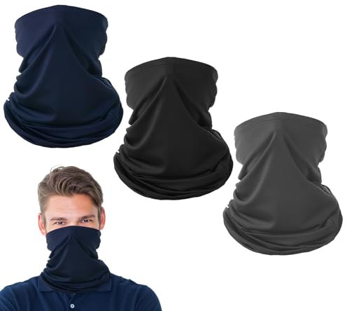 3Pcs Unisex Neck Gaiters, Breathable Scarf Snood Windproof UV Resistence Face Neck Cover Thin Headwear Bandana for Cycling Motorbike Fishing Hiking Running (Black Gery Blue)
