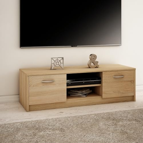 Home Collective TV-Schrank 120cm breit Lowboard mit Matter Oberfläche Fernsehtisch mit 2 Türen und 1 Regal aus laminiertem Board abgerundete Kante und Metall-Rollschienen Fernsehkommode Sonoma