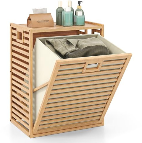 COSTWAY Badregal mit Wäschekorb, 68 L, Regal aus Bambus, Badschrank mit Ablage & Ausklappbarem und klappbarem Korb aus Stoff, Wäschesammler für Badezimmer, Waschküche, Natur, 50 x 35 x 64 cm