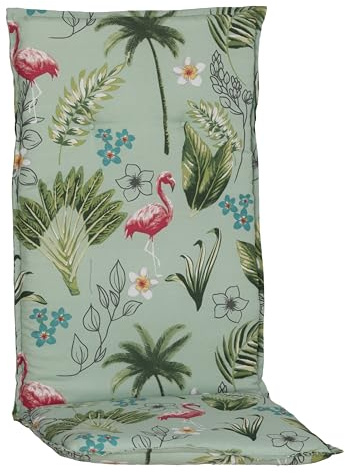 Beo® Hochlehner Gartenstuhlauflagen Genua | Waschbare Sitzkissen Outdoor in hellgrün mit Flamingos | Atmungsaktiv, UV-beständig | Made in EU, Öko-Tex Standard