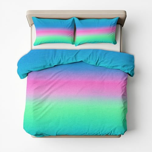 Générique Housse de Couette 200x200 Bleu Rose Vert 2 Personnes, Parure de Lit Reversible Imprimé Dégradé Ombré, Microfibre, 2 Taies d'oreiller 65x65, avec Fermeture Éclair AE1753