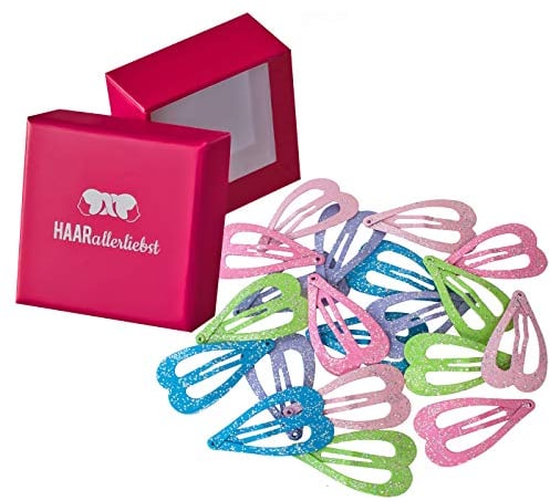 Haarallerliebst Haarspangen für Kinder – 20 Stück Herz förmig bunt pastell mit Glitzer (4 cm) inkl. Aufbewahrungsbox – Ideal für normales Haar