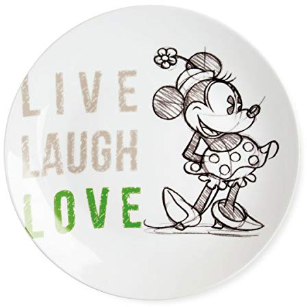 Egan Piatto Collezione Disney Mickey Minnie Live Laugh Love. Oggetto Realizzato in Porcellana di Colore Bianco e Verde. Dimensione: 3X27X27 cm. La referenza è PWM37LL/5V