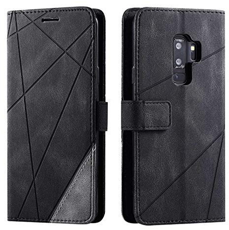 SONWO Hülle für Samsung Galaxy S9 Plus, Premium Leder PU Handyhülle Flip Case Wallet Silikon Bumper Schutzhülle Klapphülle für Galaxy S9 Plus, Schwarz
