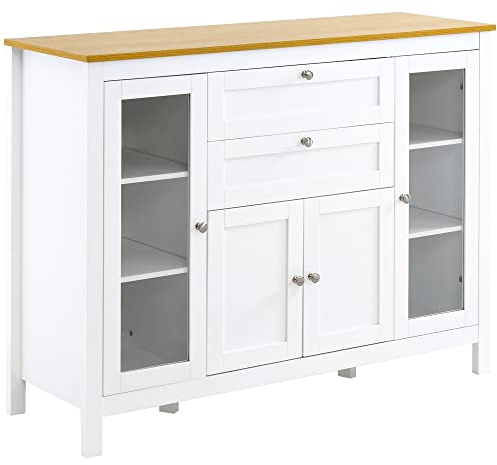 HOMCOM Buffet Salle à Manger avec 2 Portes Vitrées 120 x 40 x 90 cm Étagères Réglables 2 Tiroirs 1 Placard Bois Naturel et Blanc