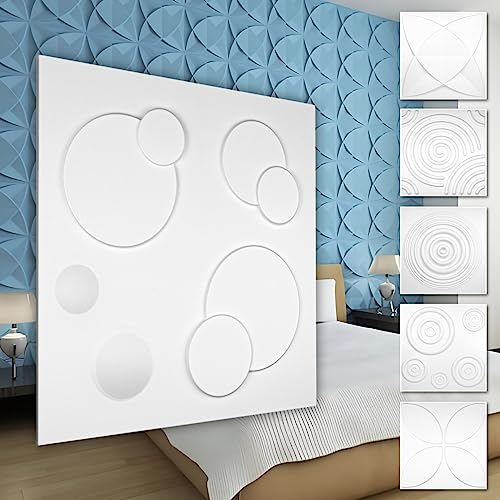 HEXIM 3D Wandpaneele, PVC Kunststoff weiß - Kreis Design Paneele 50x50cm Wandverkleidung (5QM HD108) Vertäfelung streichen modern