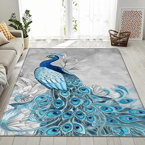 Morbuy Teppich Wohnzimmer Flanell Kurzflor Teppiches, Pfau Drucken Modernes Teppich Waschbar rutschfest Krabbelmatte für Schlafzimmer Dekoration Kinderzimmer (50x80cm,Türkis)