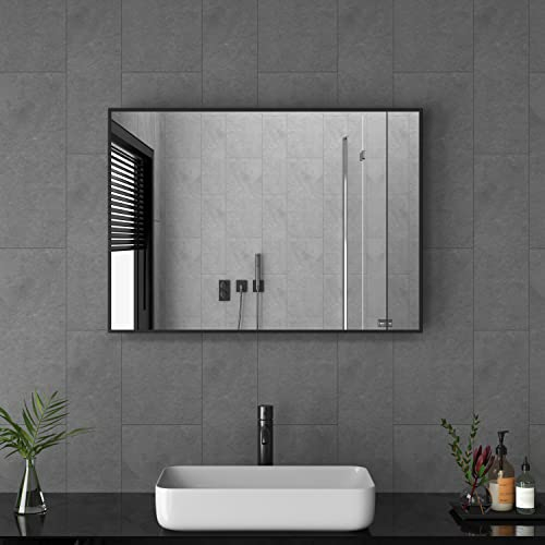 Goezes Spiegel Schwarz 50x70cm Badspiegel Badezimmerspiegel Schwarz Spiegel Metallrahmen Dekorative Badezimmer Wandspiegel für Badezimmer, Wohnzimmer, Gäste WC