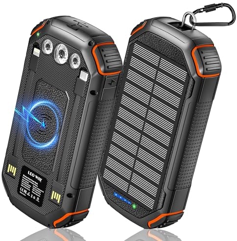 Acelufly Wireless Power Bank 36000mAh with 3 Cables, Solar Power Bank USB-C 4 Output Input 15W Fast Charging Portable Charger Flashlight and Carabiner, Outdoor External Battery for Phone