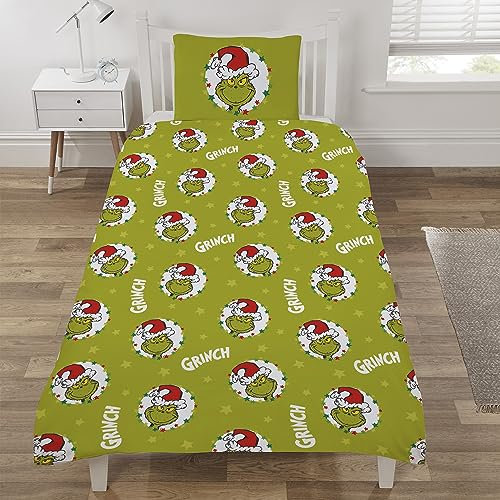 Coco Moon The Grinch Fleece-Bettwäsche-Set für Einzelbett, Weihnachts-Bettwäsche-Set beinhaltet Einzelbettdecke und Kissen für Erwachsene, Kinder, Jungen und Mädchen