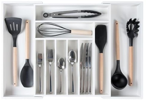 KitchenEdge Organiseur d'argenterie, de couverts et d'ustensiles de qualité supérieure pour tiroirs de cuisine, de qualité alimentaire, extensible de 36,8 à 63,5 cm, bambou blanc
