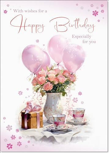 doodlecards Birthday Card for Her Tea Party and Balloons Medium Size with Plain Envelope